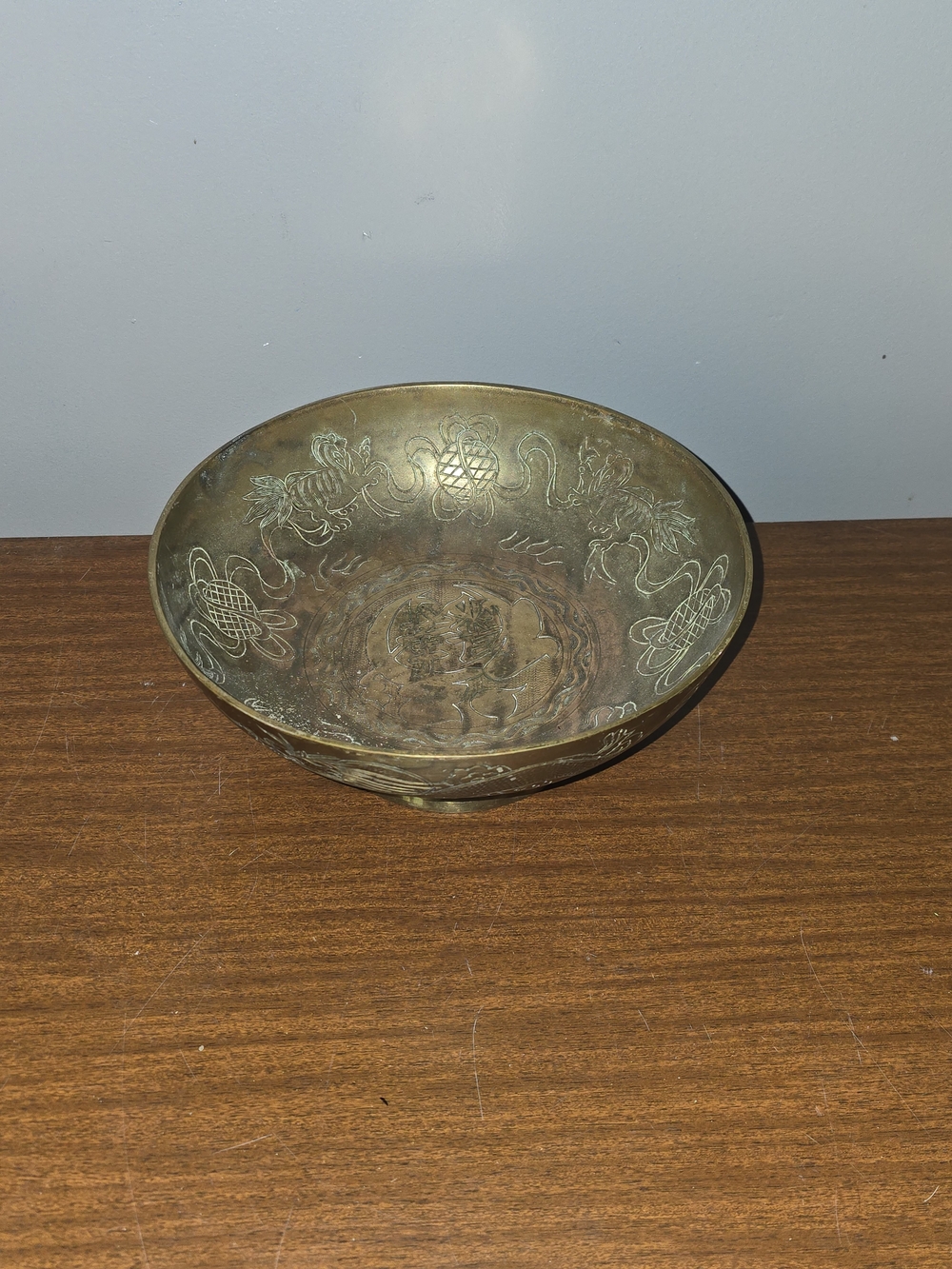 Vintage Chinese Footed Brass Singing Bowl Dragon Etching